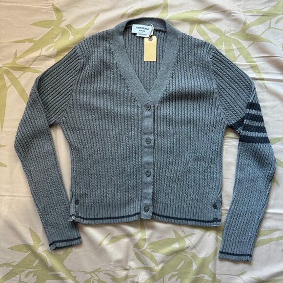 Thom Browne Grey Knitted Cropped Cardigan - Picture 1 of 9